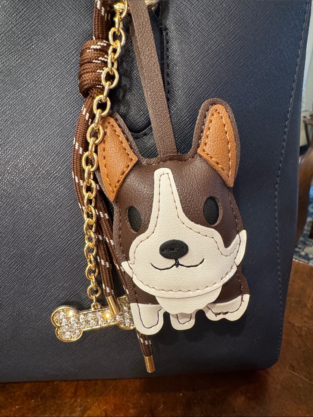 kate spade navy tote with brown and cream dog charm - Picture 15 of 15